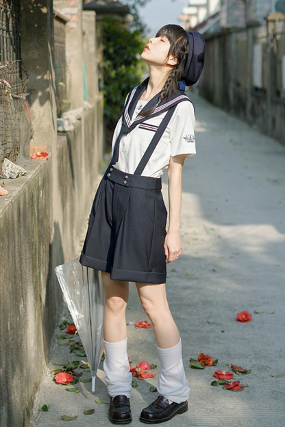 Sailor Shirt + Suspender Shorts + Tie + Beret
