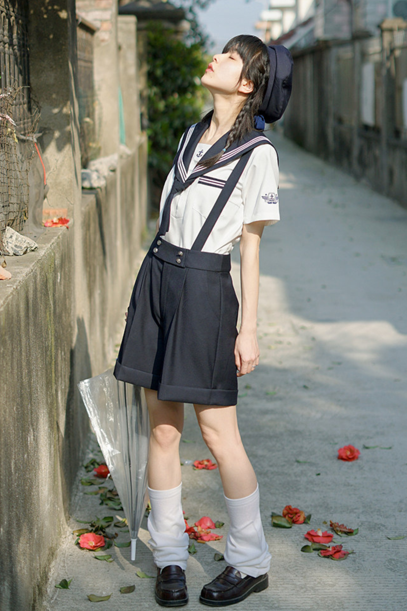 Sailor Shirt + Suspender Shorts + Tie + Beret