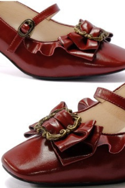 Leather Ribbon Ruffle Lolita Heels
