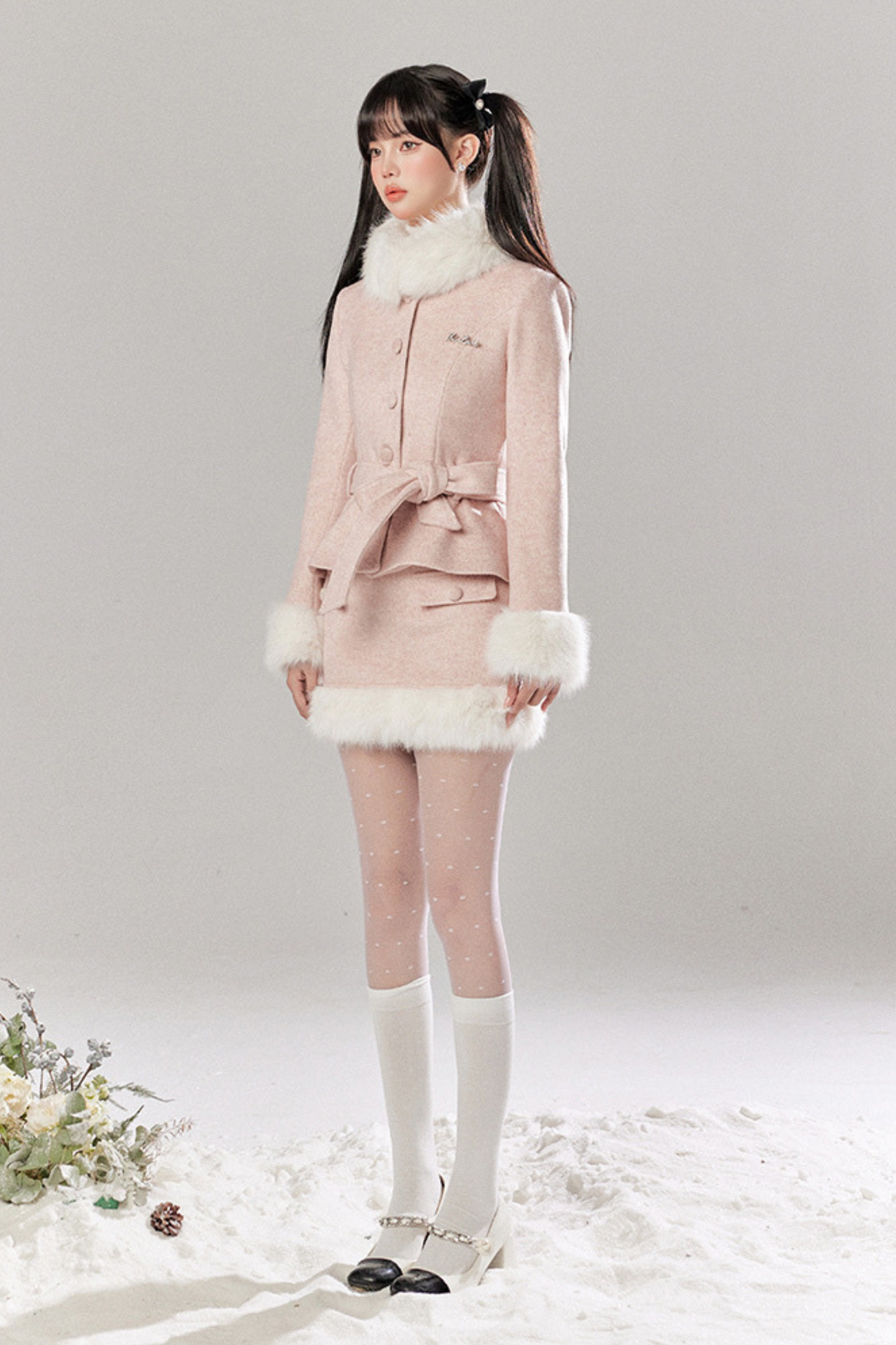 Sweet Girly Fur Waist Ribbon Coat + Fur Tight Skirt