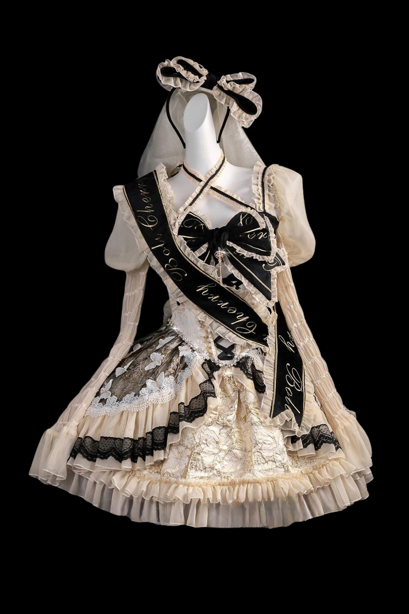 Sweet Baroque Lolita Dress + Veil + Ribbon + Headband + Tail + Sleeves