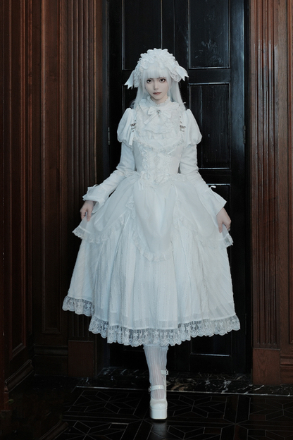White Gothic Gemini Lolita Dress + Corset + Ribbon + Headband + Veil