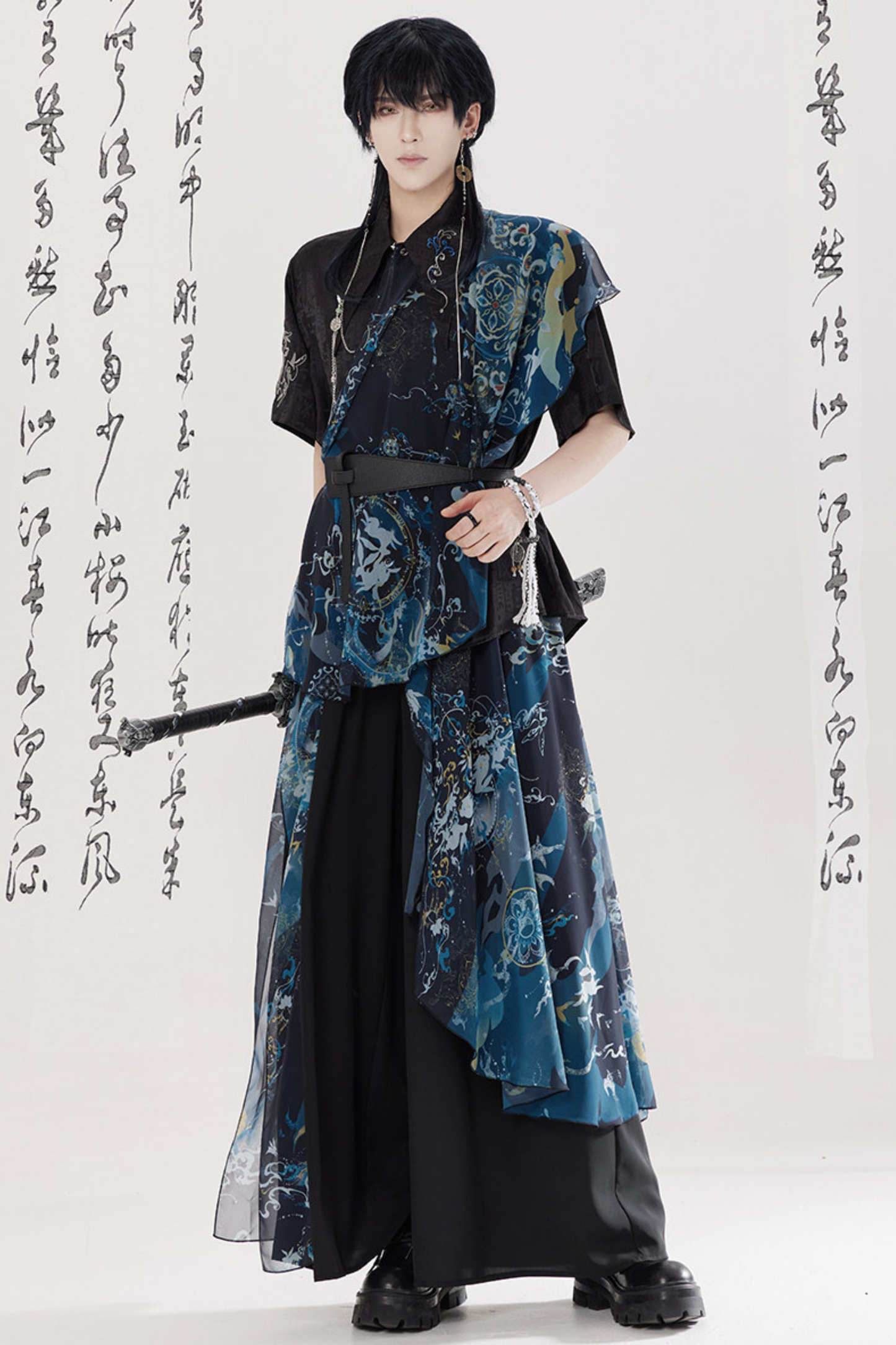 Dark Chinese-style Shirt + Wide Leg Pants + Chain + Belt