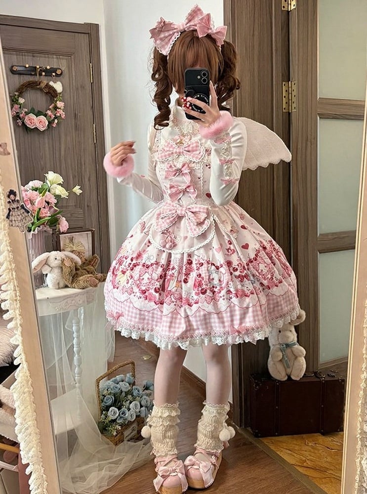 [pre-order Deadline: May 5] Pink Cherry Print Lace Ribbon Bunny Ear Apron Jsk Dress + Accessories