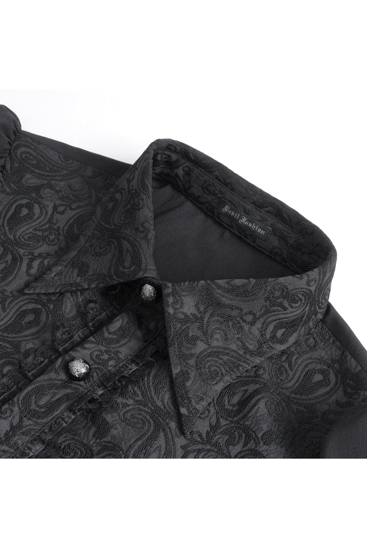 Black Lapel Collar Lantern Sleeves Jacquard Embroidery Gothic Blouse