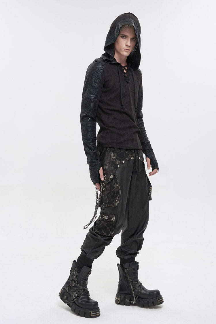 Black Dark Tether V-neck Panel Knit Hooded Punk T-shirt
