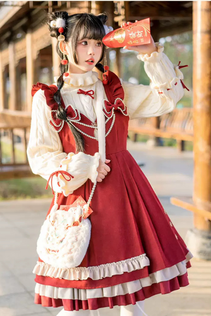 Sweet Ruffle Ribbon Suspender Skirt + Turtle Neck Knit + Hooded Cape