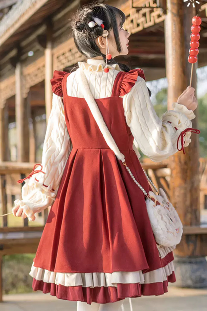 Sweet Ruffle Ribbon Suspender Skirt + Turtle Neck Knit + Hooded Cape