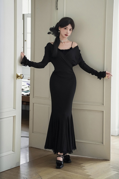 Low V-neck Knit Stretch Slim Dress