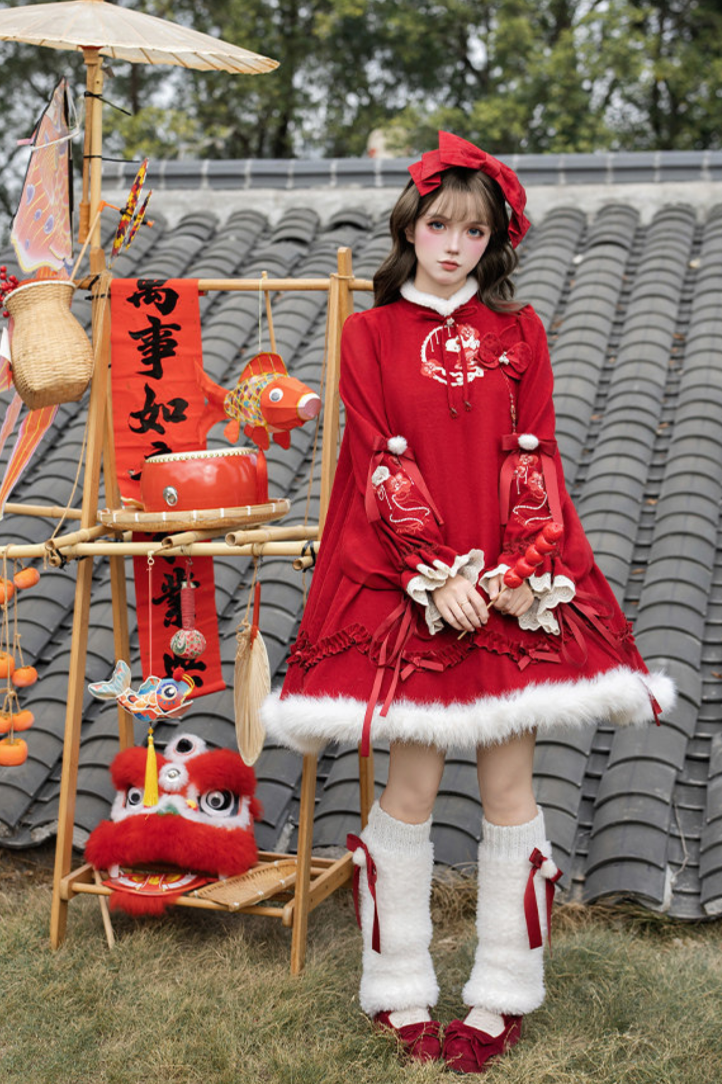 Chinese-style Big Sleeve Dress + Apron + Skirt + Leg Warmers + Hairband + Clip + Pin