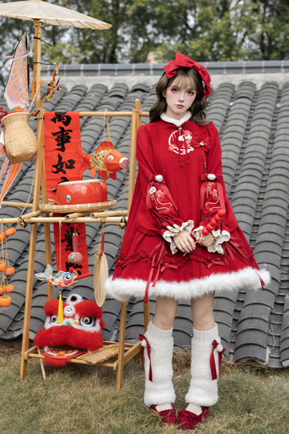Chinese-style Big Sleeve Dress + Apron + Skirt + Leg Warmers + Hairband + Clip + Pin