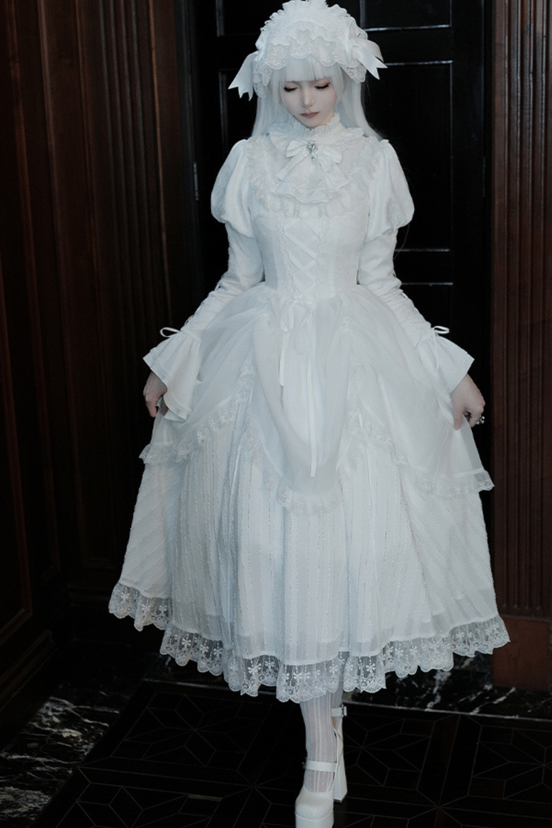 White Gothic Gemini Lolita Dress + Corset + Ribbon + Headband + Veil