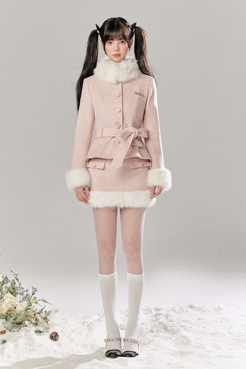 Sweet Girly Fur Waist Ribbon Coat + Fur Tight Skirt