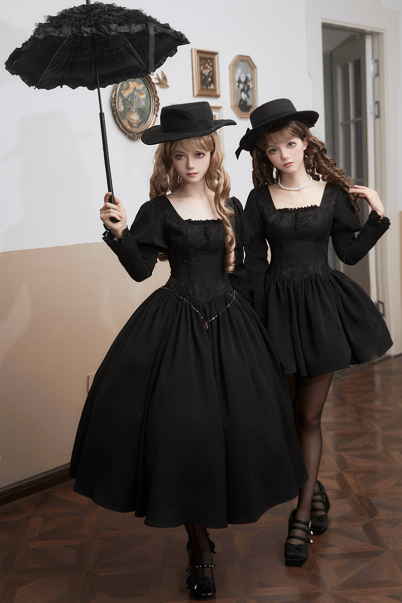 [pre-order] Dark Sweet Lolita Dress + Faux Collar + Necklace + Jacket + Ribbon + Sleeve + Fur Shawl