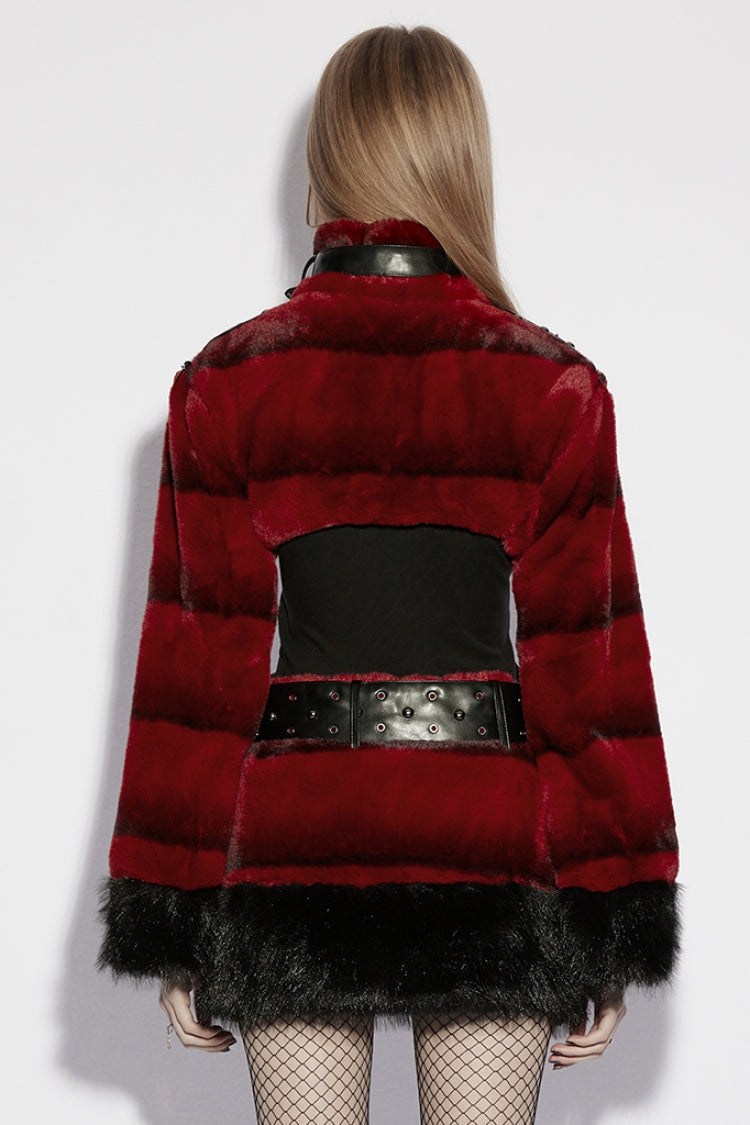 Red Stand Collar Long Sleeves Buckle Straps Faux Fur Punk Short Cloak