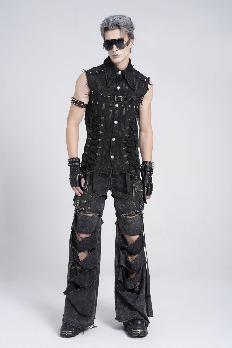 Black Sleeveless Studded Lace-up Gothic Distressed Vest