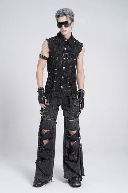 Black Sleeveless Studded Lace-up Gothic Distressed Vest