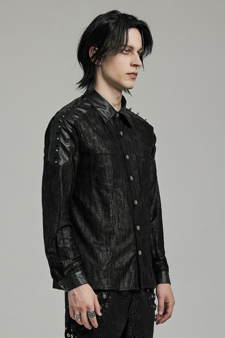 Black Lapel Collar Long Sleeves Faux Leather Stitching Punk Blouse