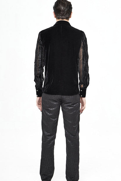 Black Striped Velvet Fold Mushroom Metal Buckles Long Sleeve Irregular Gothic Shirt
