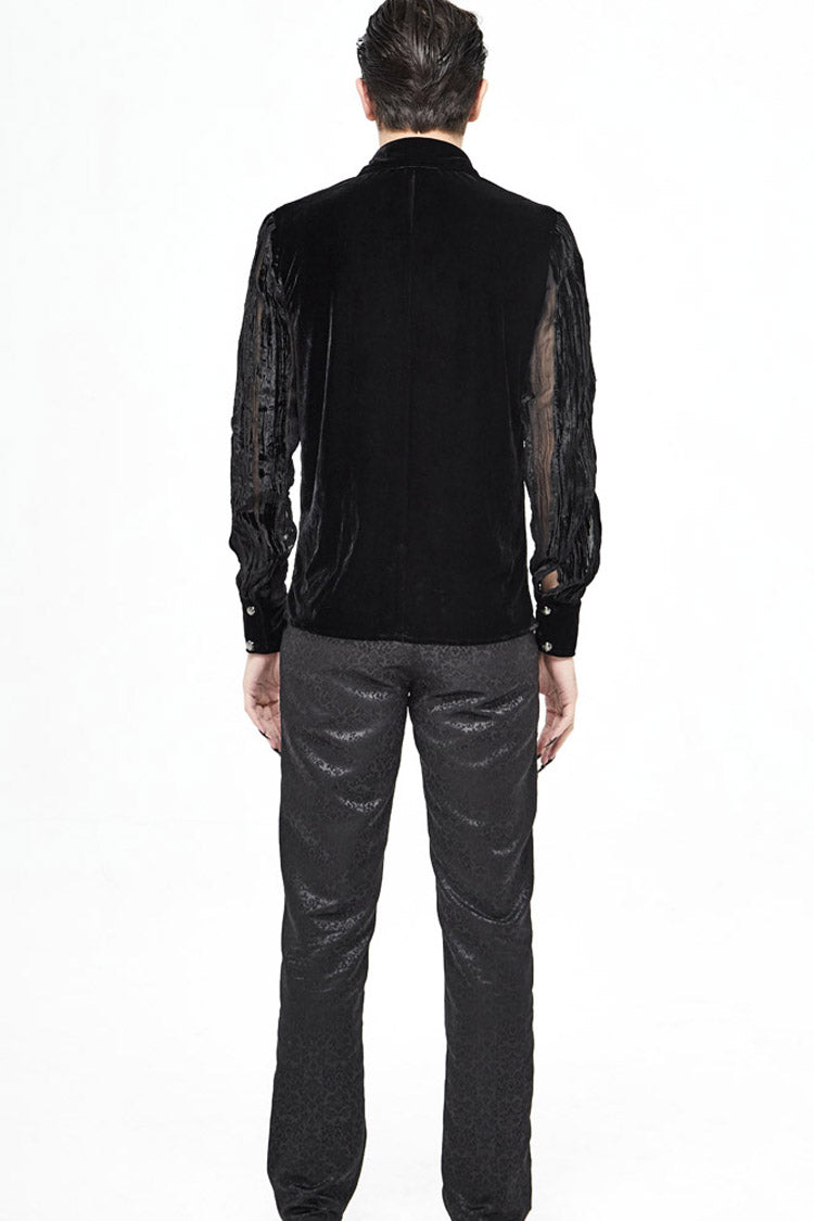 Black Striped Velvet Fold Mushroom Metal Buckles Long Sleeve Irregular Gothic Shirt