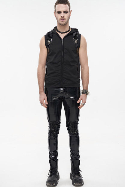 Black Punk Metal Skull Patent Leather Bullet Clip Textured Zip Hooded Sleeveless T-shirt