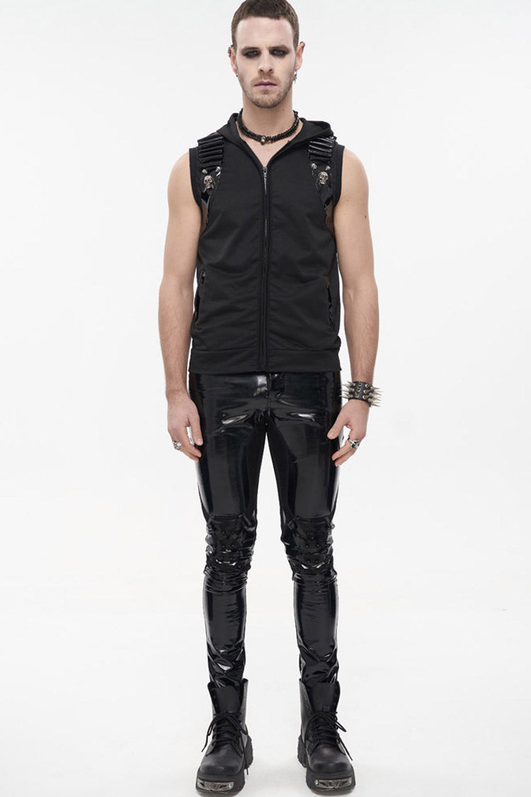 Black Punk Metal Skull Patent Leather Bullet Clip Textured Zip Hooded Sleeveless T-shirt