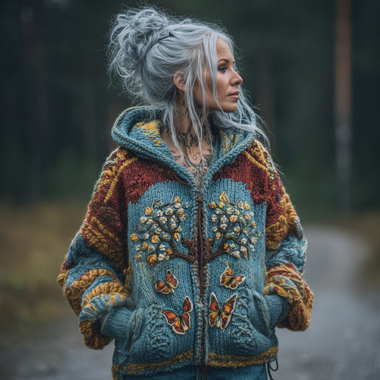 Women's Vintage Colorful Viking Tree Of Life Chunky Knit Zip-up Hooded Sweater elevenforest