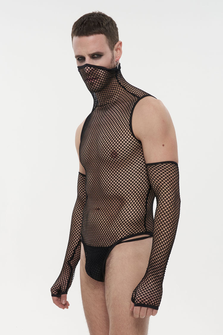 Black Transparent Mesh Super High Collar Masked Glove Thong Punk Onesie