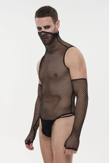 Black Transparent Mesh Super High Collar Masked Glove Thong Punk Onesie