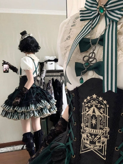 [pre-order Deadline: May 20] Magical Girl Lolita Lace Puff Sleeve Shirt + Black X Green Ribbon Corset Tiered Dress + Mini Hat