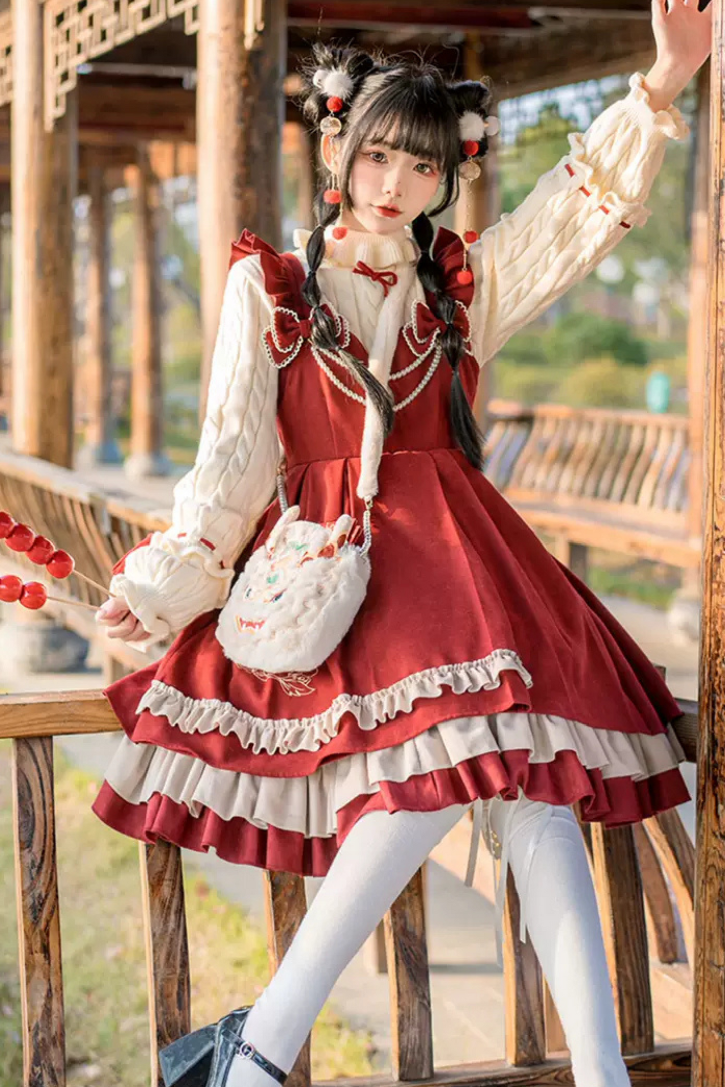 Sweet Ruffle Ribbon Suspender Skirt + Turtle Neck Knit + Hooded Cape