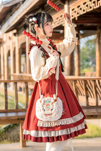 Sweet Ruffle Ribbon Suspender Skirt + Turtle Neck Knit + Hooded Cape