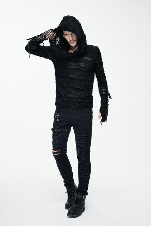 Black Ripped Finger Covered Autumn Hooded Punk T-shirt