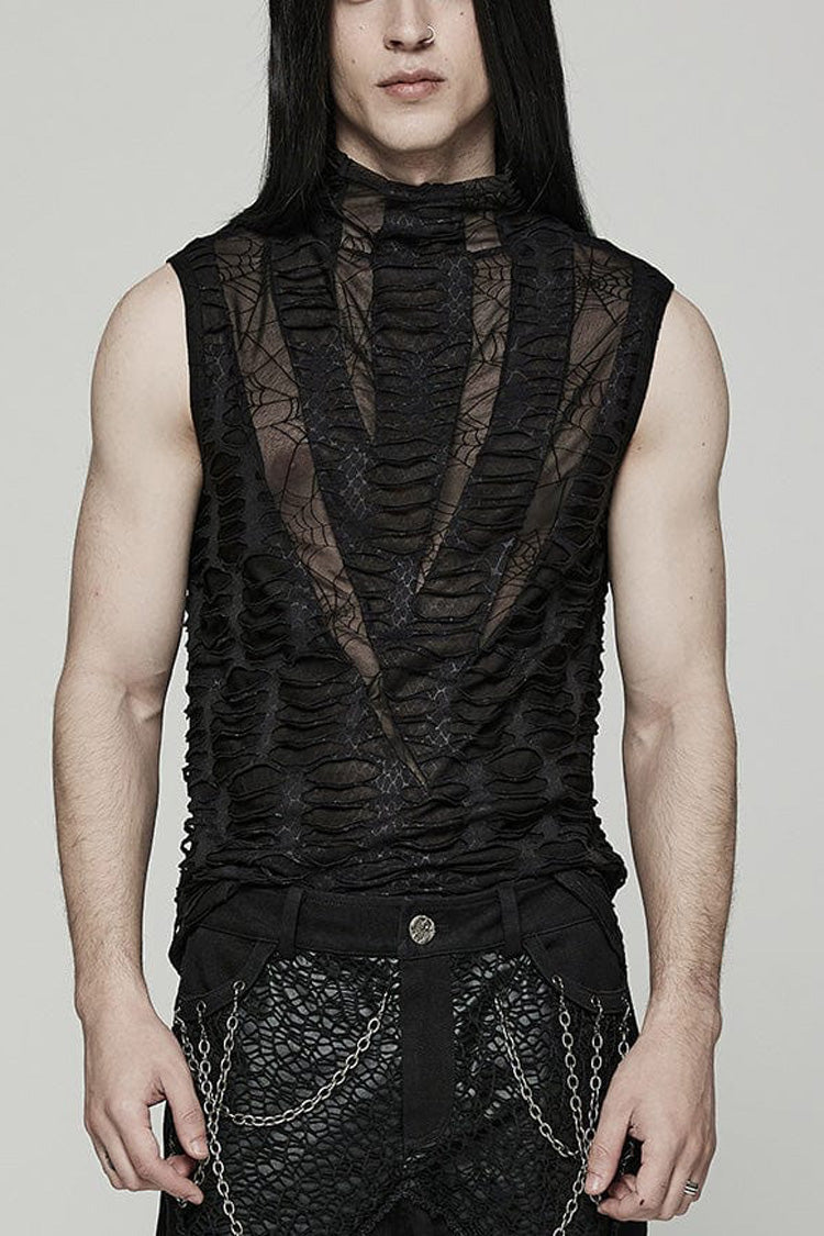 Black High Collar Hollow Spider Mesh Ripped Asymmetric Gothic Vest