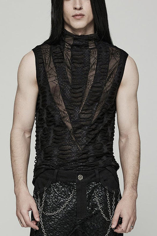 Black High Collar Hollow Spider Mesh Ripped Asymmetric Gothic Vest