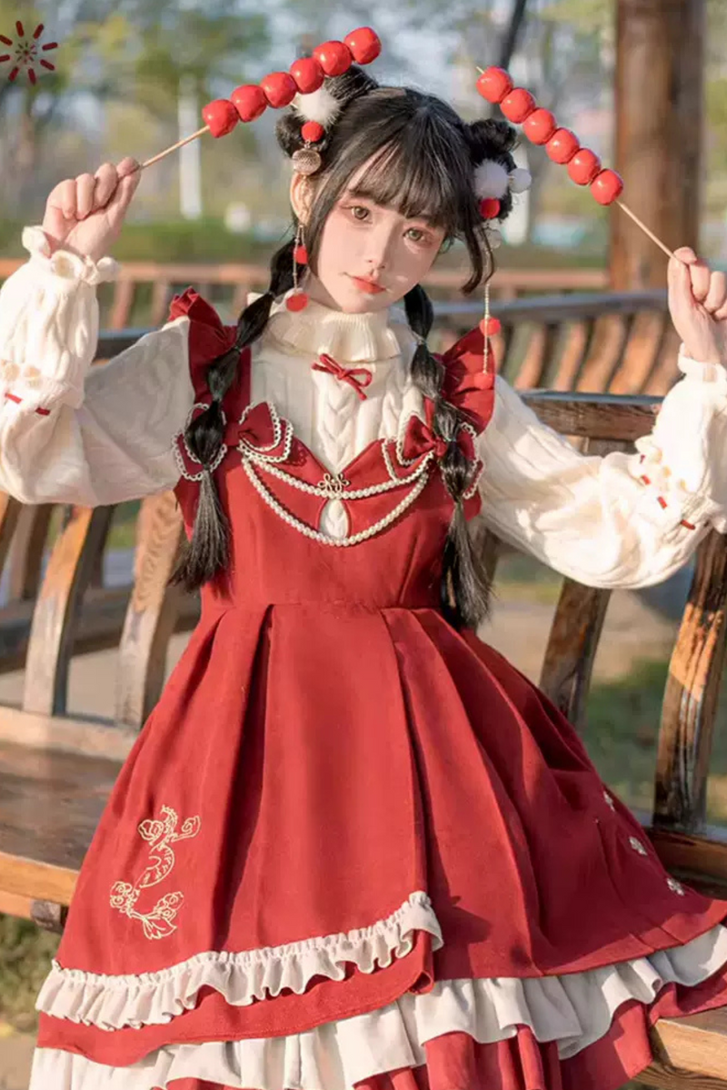 Sweet Ruffle Ribbon Suspender Skirt + Turtle Neck Knit + Hooded Cape