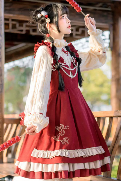 Sweet Ruffle Ribbon Suspender Skirt + Turtle Neck Knit + Hooded Cape