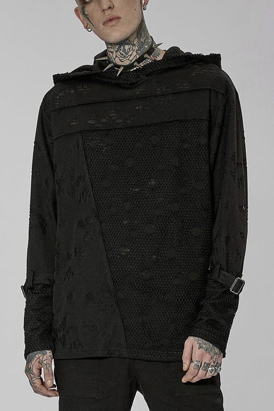 Black Punk Ripped Knit Mesh Surface Splicing Detachable Ring Sleeve Webbing Hooded T-shirt