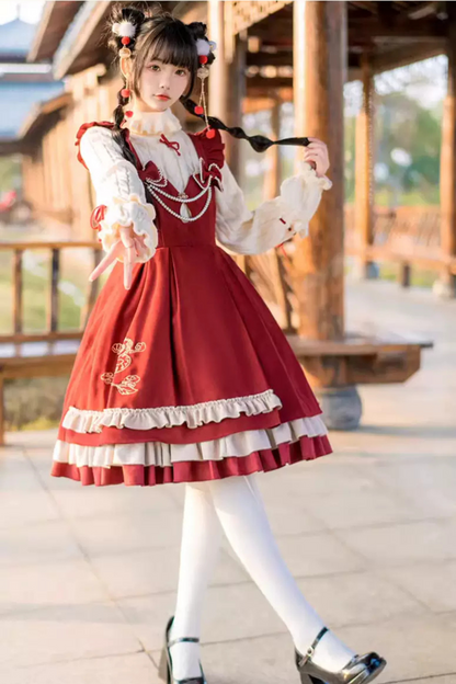 Sweet Ruffle Ribbon Suspender Skirt + Turtle Neck Knit + Hooded Cape