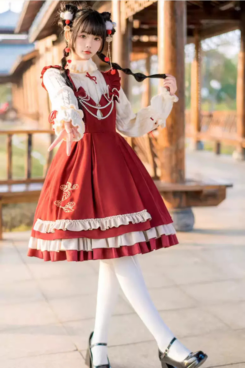 Sweet Ruffle Ribbon Suspender Skirt + Turtle Neck Knit + Hooded Cape