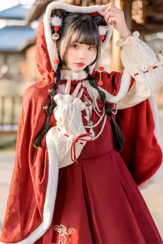 Sweet Ruffle Ribbon Suspender Skirt + Turtle Neck Knit + Hooded Cape