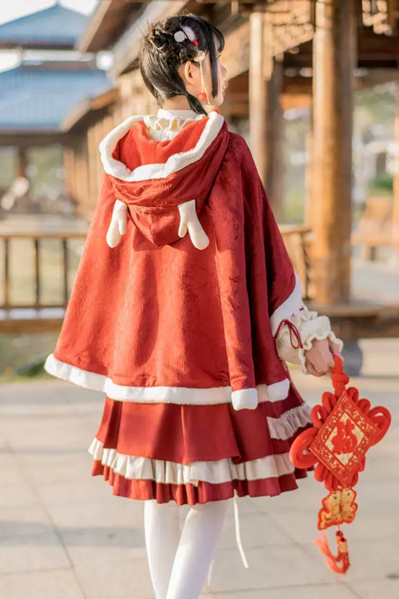 Sweet Ruffle Ribbon Suspender Skirt + Turtle Neck Knit + Hooded Cape