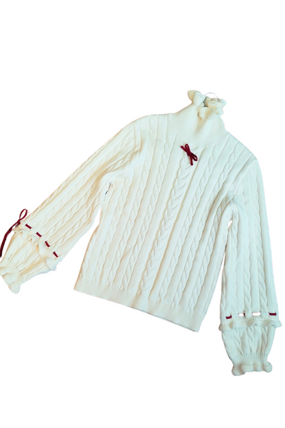 Sweet Ruffle Ribbon Suspender Skirt + Turtle Neck Knit + Hooded Cape
