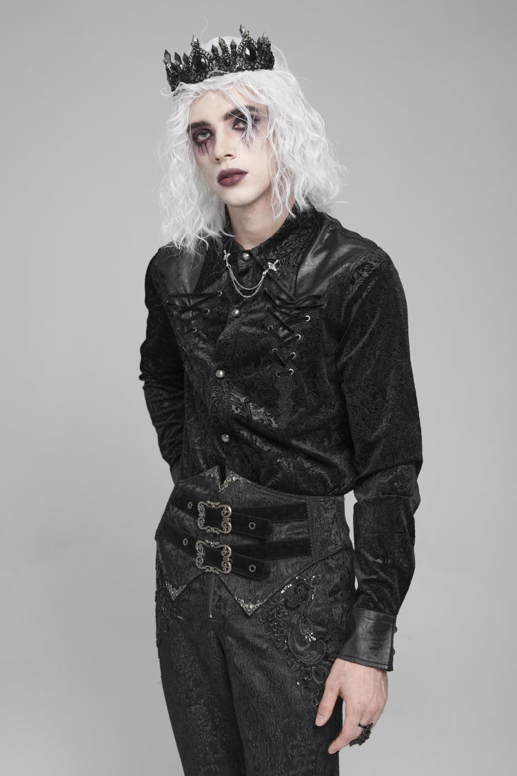 Black Lapel Collar Long Sleeves Print Embroidery Lace-up Gothic Blouse