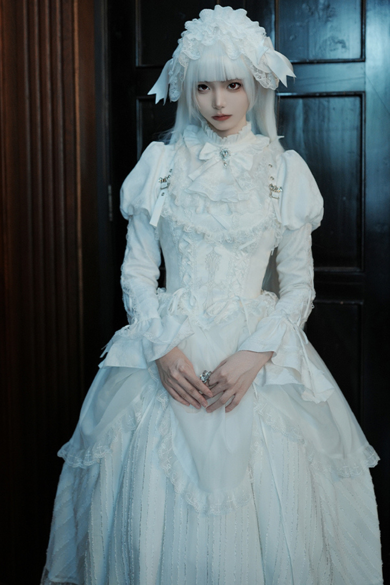White Gothic Gemini Lolita Dress + Corset + Ribbon + Headband + Veil
