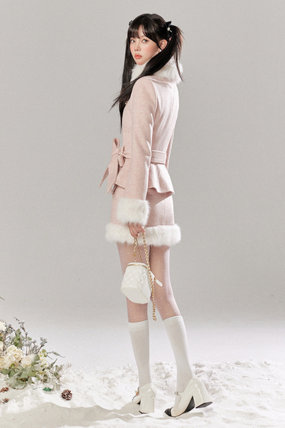 Sweet Girly Fur Waist Ribbon Coat + Fur Tight Skirt