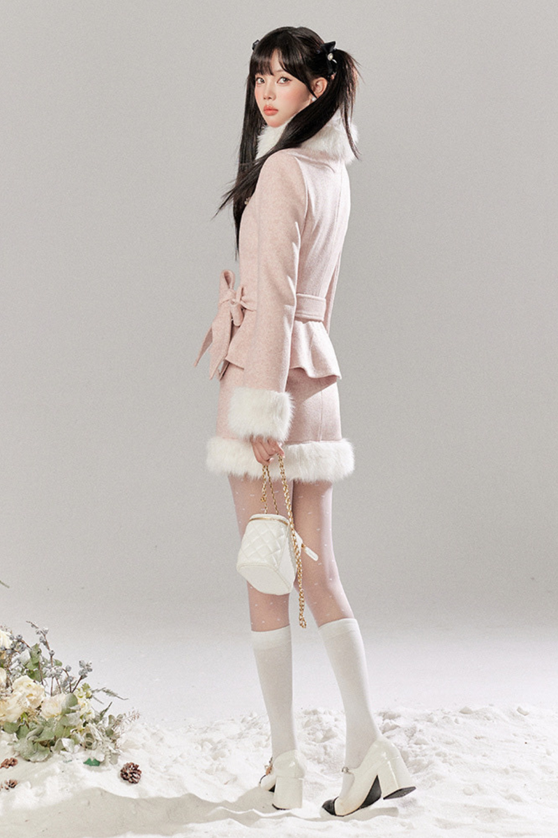 Sweet Girly Fur Waist Ribbon Coat + Fur Tight Skirt