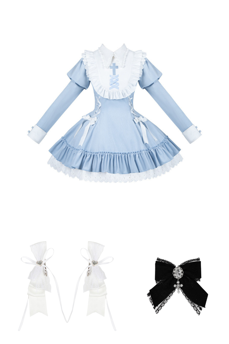 Lace-up Ribbon Lolita Dress + Brooch + Hair Clip