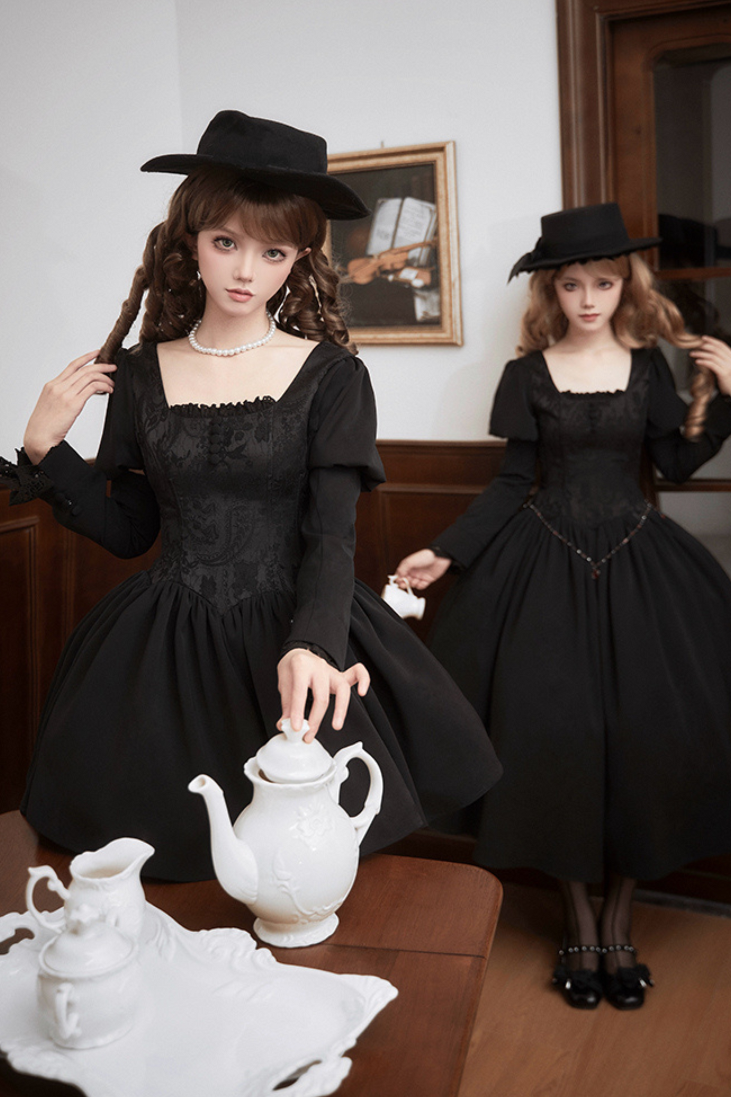 [pre-order] Dark Sweet Lolita Dress + Faux Collar + Necklace + Jacket + Ribbon + Sleeve + Fur Shawl