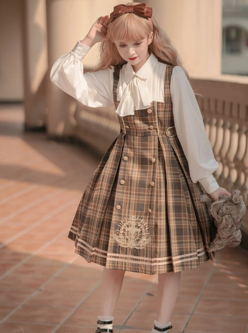 Bow Collar Volume Sleeve Plaid Dress + Cross Plaid Cape Coat